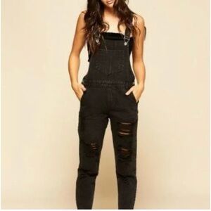 Celebrity Pink Black Denim Distressed Overalls